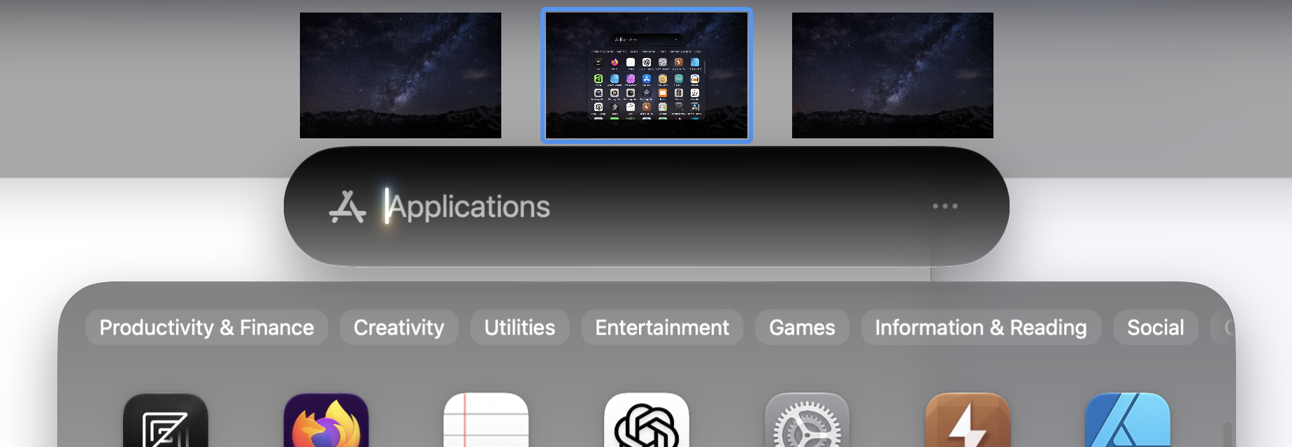 The top bar in Mission Control visible over an application, with the Apps search bar open too.